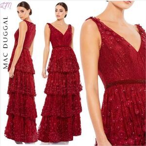 Mac Duggal 67710 Floral‎ Applique Ruffled Tiered V Neck Gown 4 Burgundy Red